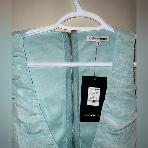 NEW Mint Blue Ruched Mini Cut Out Wrap Detail Dress - Picture 4 of 6
